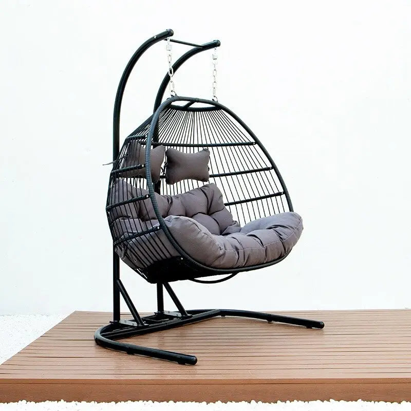 Double-Seat Folding Hanging Swing Chair with Stand & Cushion
