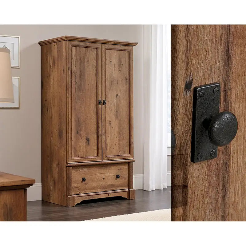 Wood Finish Armoire with Hanging Rod and Drawer – Brown