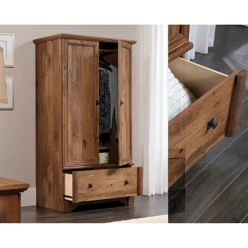 Wood Finish Armoire with Hanging Rod and Drawer – Brown