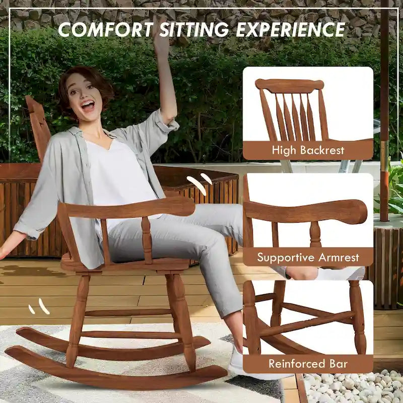 Outdoor Wood Rocking Chair, 350 lbs Porch Rocker with High Back