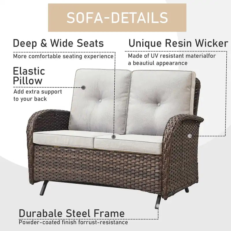 Patio Glider Rocking Sofa with Swivel Chair and Ottoman - Brown