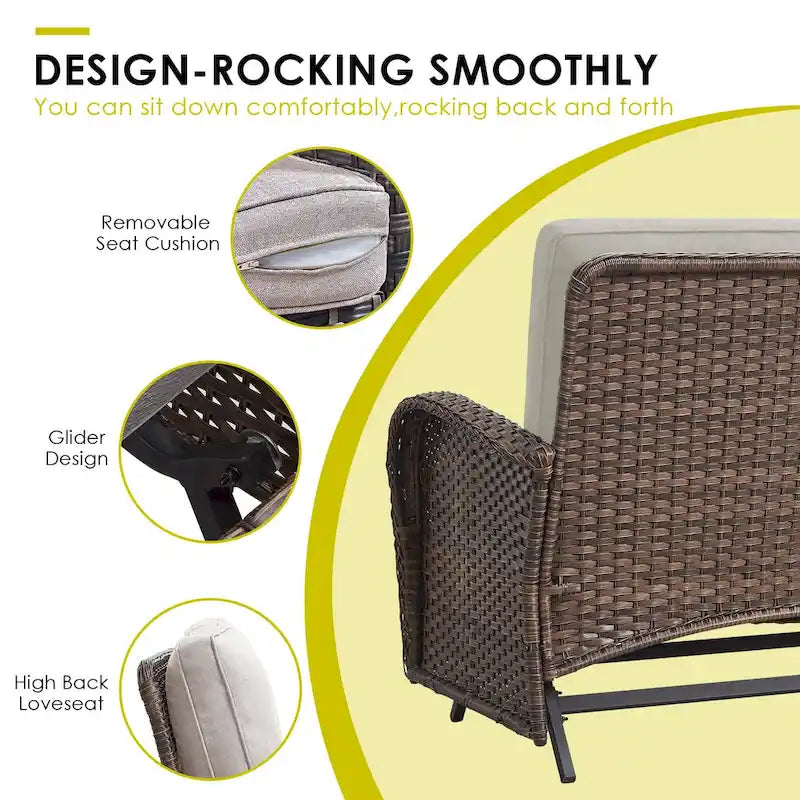 Patio Glider Rocking Sofa with Swivel Chair and Ottoman - Brown