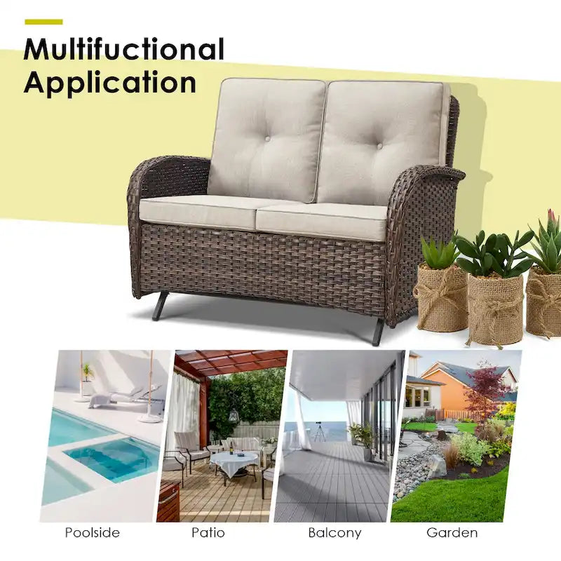 Patio Glider Rocking Sofa with Swivel Chair and Ottoman - Brown