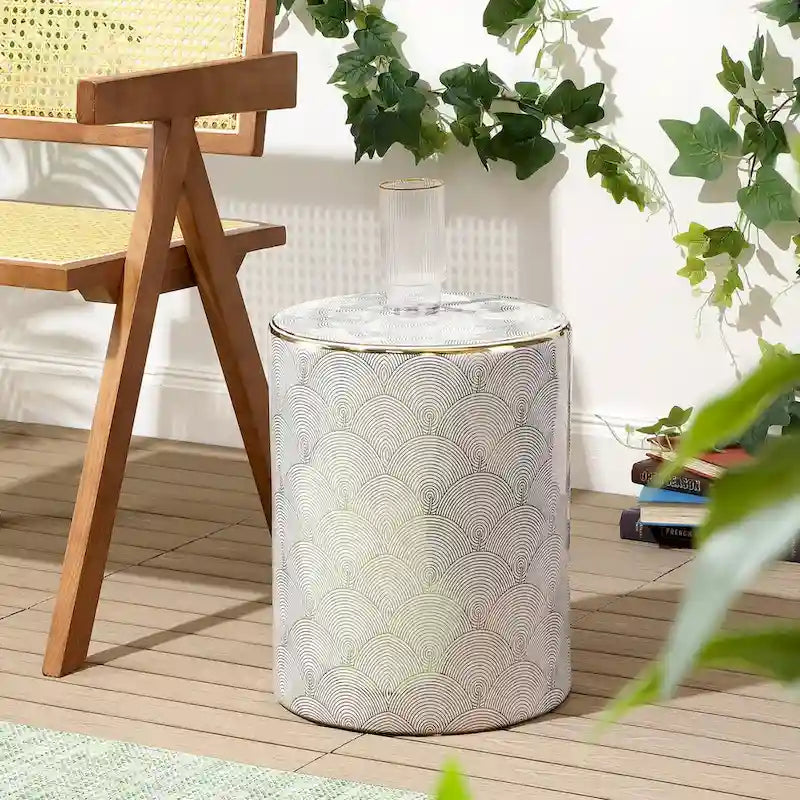 Fish Scale 17  Modern Ceramic Garden Stool, White/Gold by JONATHAN Y