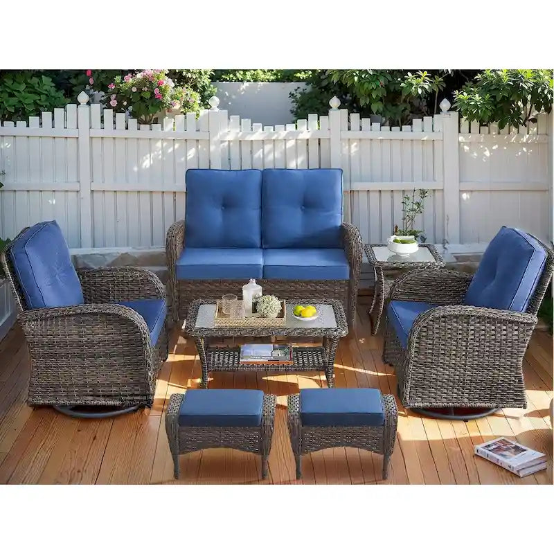 7 Piece Patio Glider Loveseat Sets with Swivel Chair - Brown