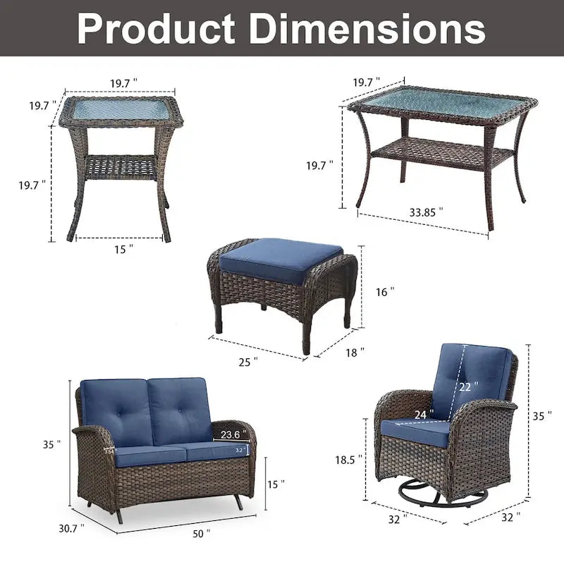 7 Piece Patio Glider Loveseat Sets with Swivel Chair - Brown