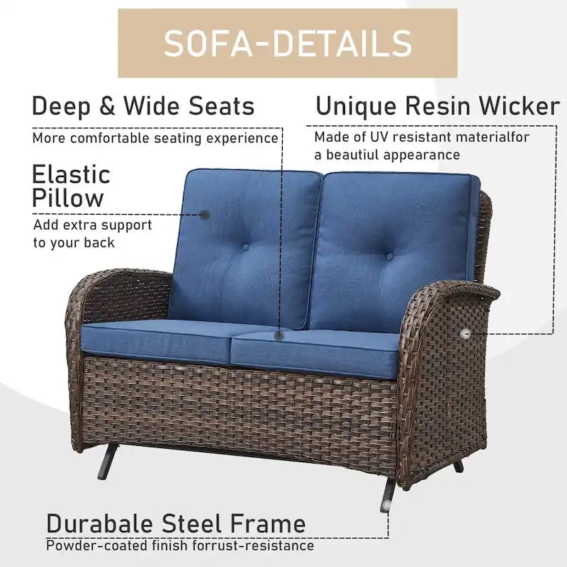 7 Piece Patio Glider Loveseat Sets with Swivel Chair - Brown