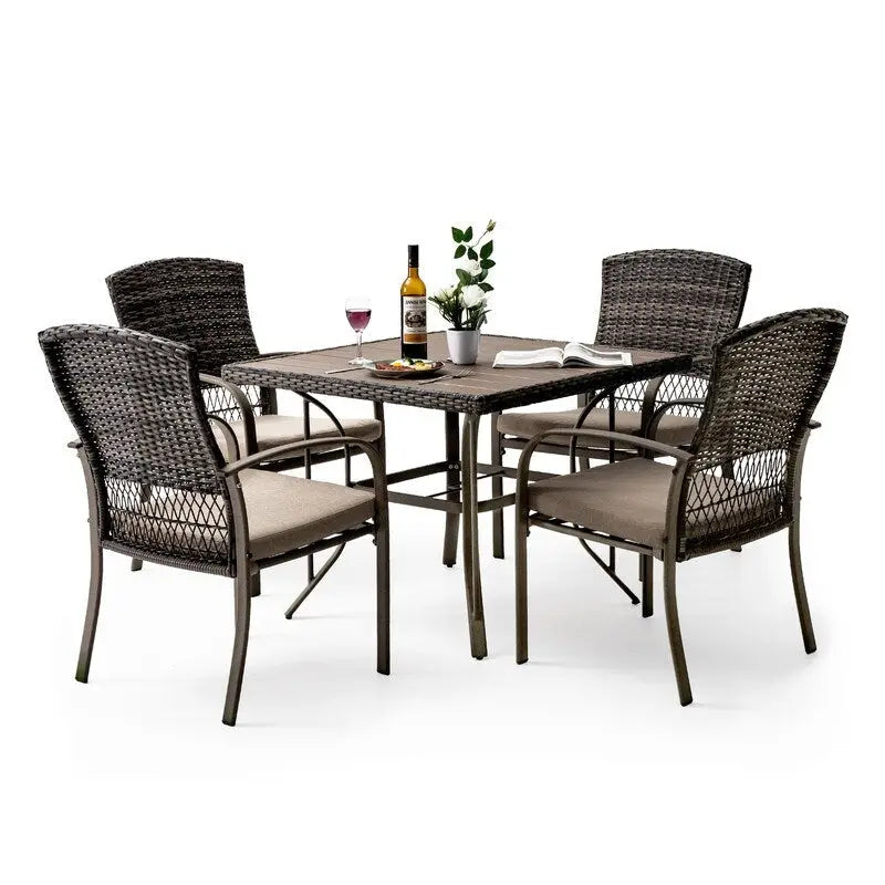 5-Piece PE Wicker Outdoor Dining Set with Cushions