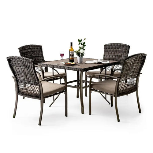 5-Piece PE Wicker Outdoor Dining Set with Cushions