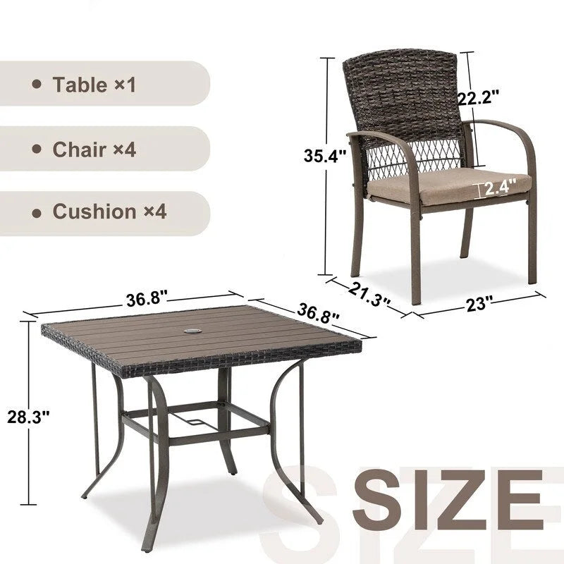 5-Piece PE Wicker Outdoor Dining Set with Cushions