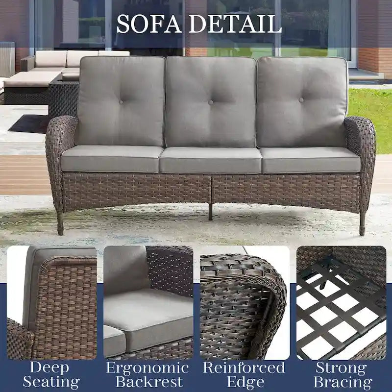 Outdoor Wicker Patio Sofa 3-seat Sofa - Brown