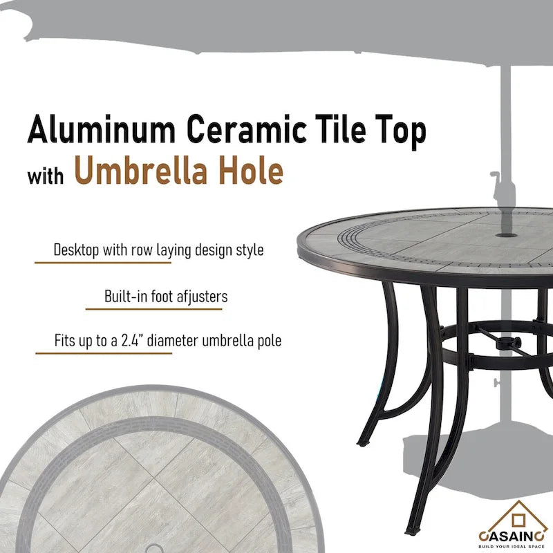Cast Aluminum 5-Piece Outdoor Patio Dining Set with Ceramic Tile Top Round Table and Chairs