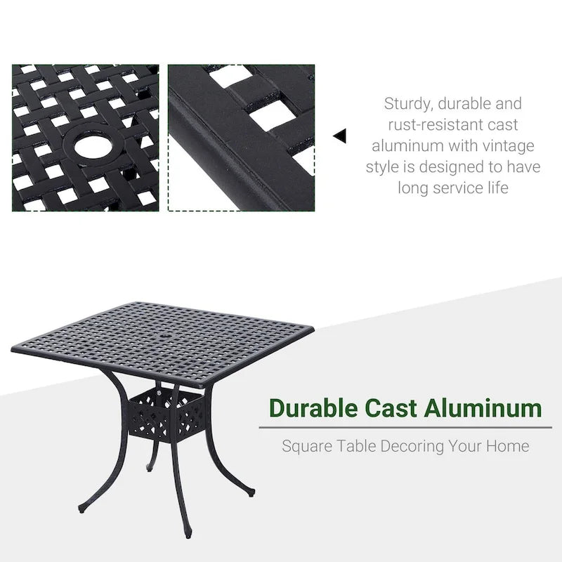 Patio Square Cast Aluminum Dining Table with 2  Dia Umbrella Hole, Outdoor Bistro Table
