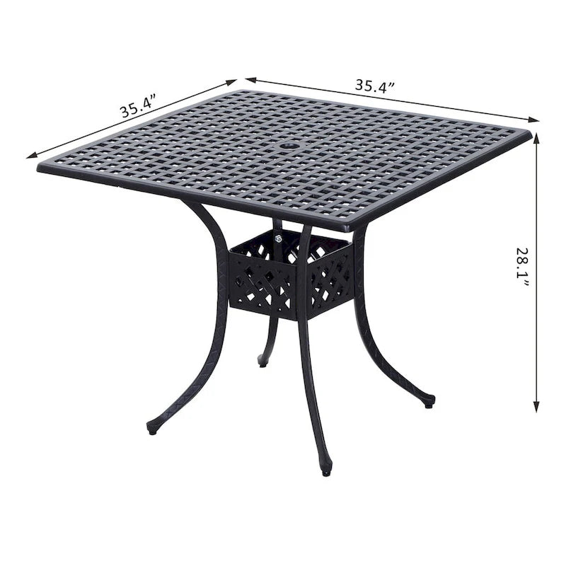 Patio Square Cast Aluminum Dining Table with 2  Dia Umbrella Hole, Outdoor Bistro Table