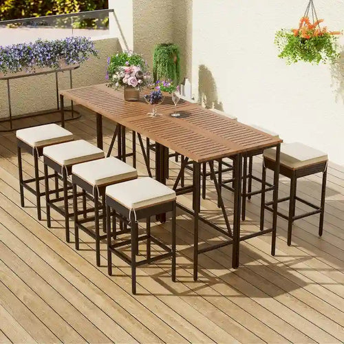 10-Piece Outdoor Bar Height Dining Set with Acacia Wood Table and 8 Stools