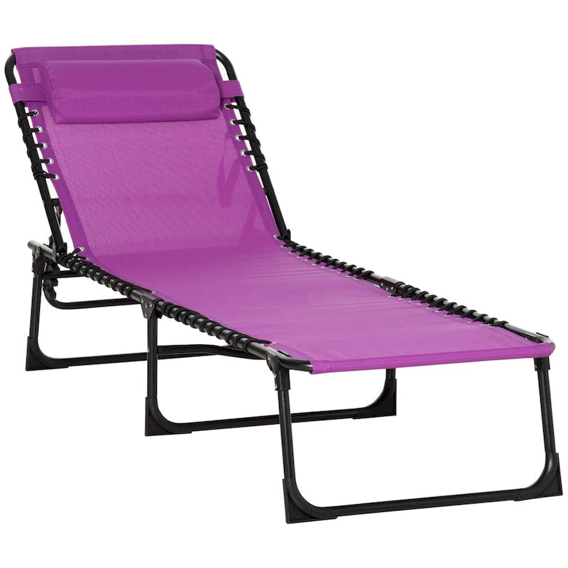 Outdoor Portable Folding Chaise Lounge with Pillow, Reclining Back, Steel Frame & Breathable Mesh