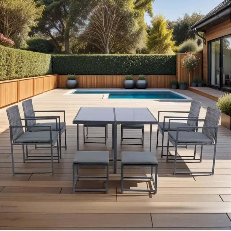 9-Pieces Outdoor Patio Dining Sets with Glass Table Top and Grey Cushion - N/A