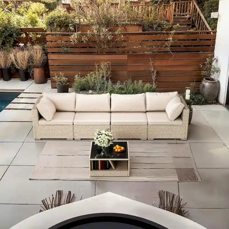5-Piece Patio Furniture Set, All-Weather Boho Outdoor Conversation Set Sectional Sofa with Water Resistant Grey Thick Cushions