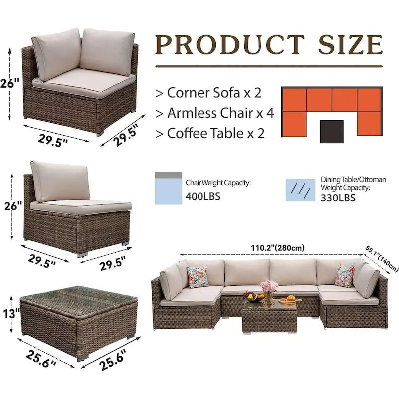 7 Pieces Outdoor Woven Rattan Sectional Sofa,Brown