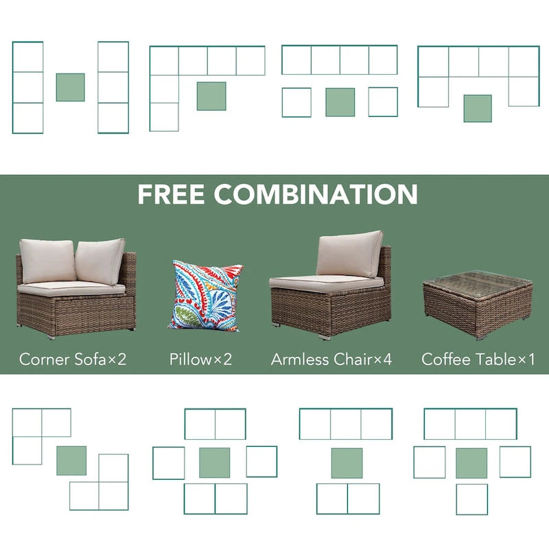 7 Pieces Outdoor Woven Rattan Sectional Sofa,Brown