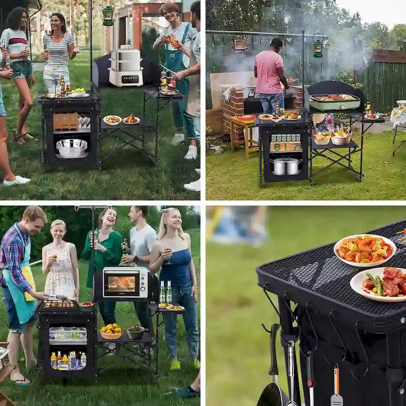 Camping Kitchen Station, Camping Table, Picnic Table, Grill Table Folding Table, Upgrade Light Stand & Windshield Cook Station
