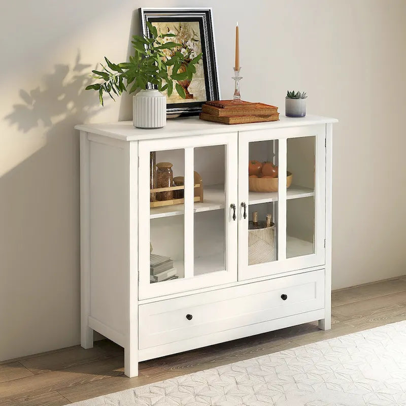 Retro Glass Door Buffet Cabinet with Drawer – White, 1 Door / 2 Doors