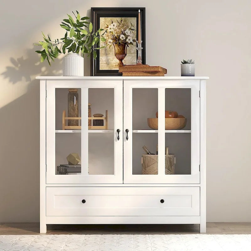 Retro Glass Door Buffet Cabinet with Drawer – White, 1 Door / 2 Doors