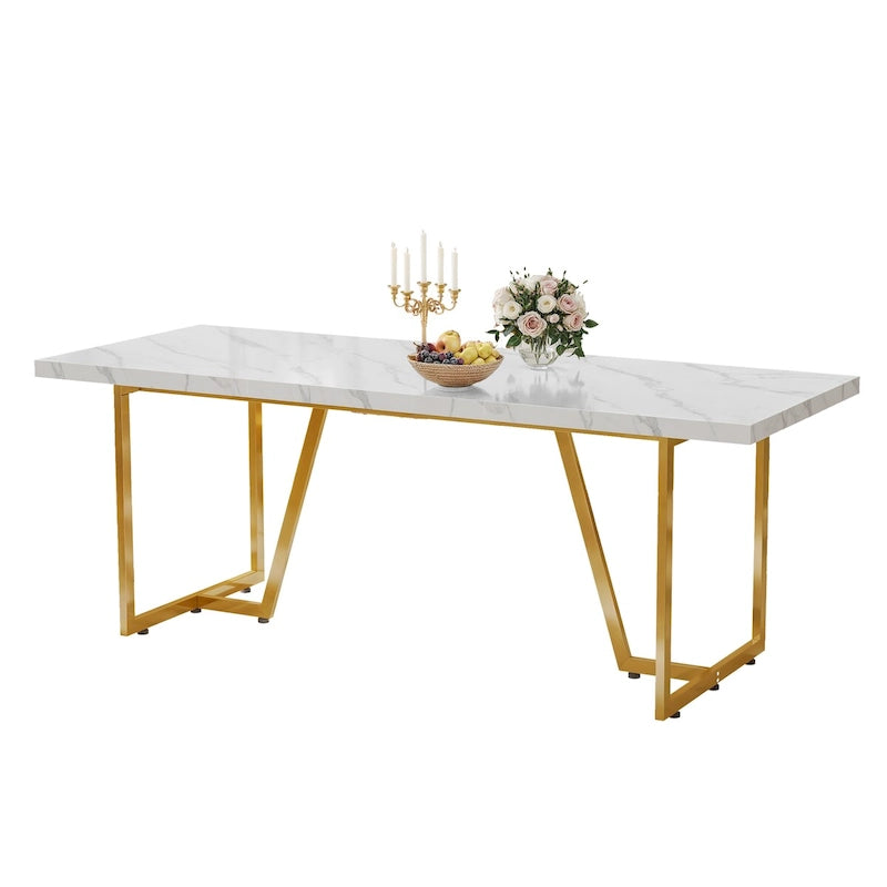 Large Faux Marble Dining Table with Geometric Metal Legs – White / Black, Seats 6–8