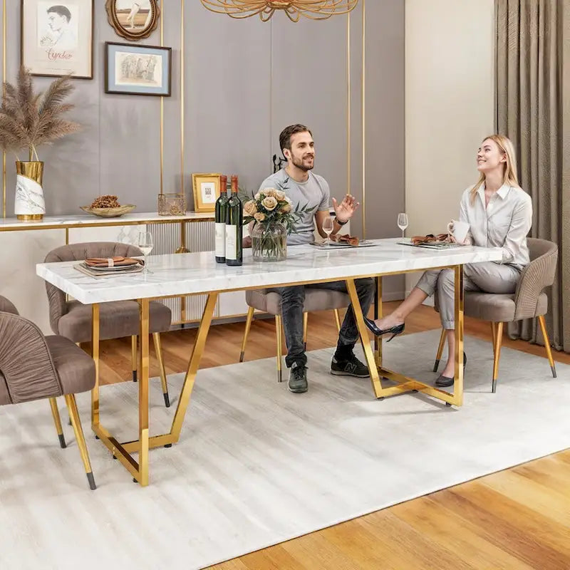 Large Faux Marble Dining Table with Geometric Metal Legs – White / Black, Seats 6–8