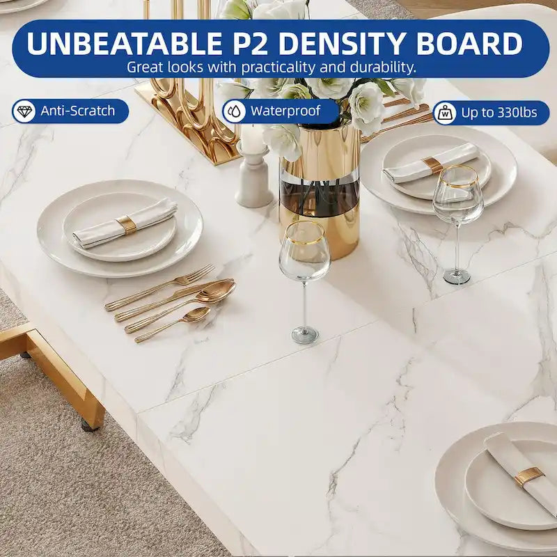 Large Faux Marble Dining Table with Geometric Metal Legs – White / Black, Seats 6–8