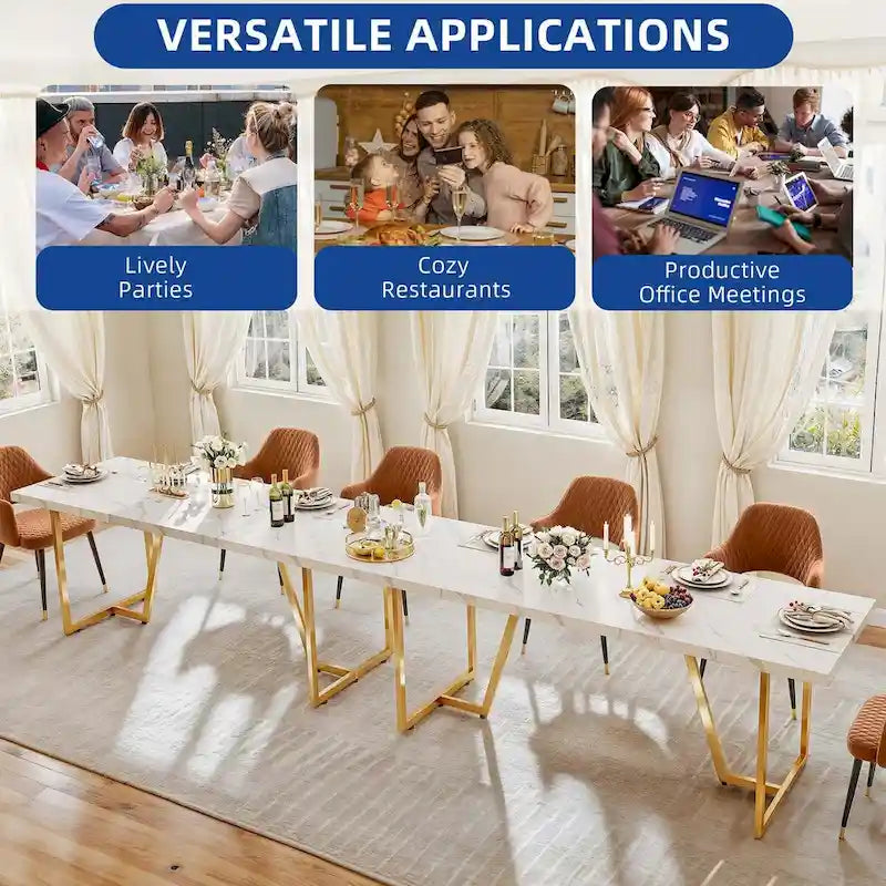 Large Faux Marble Dining Table with Geometric Metal Legs – White / Black, Seats 6–8