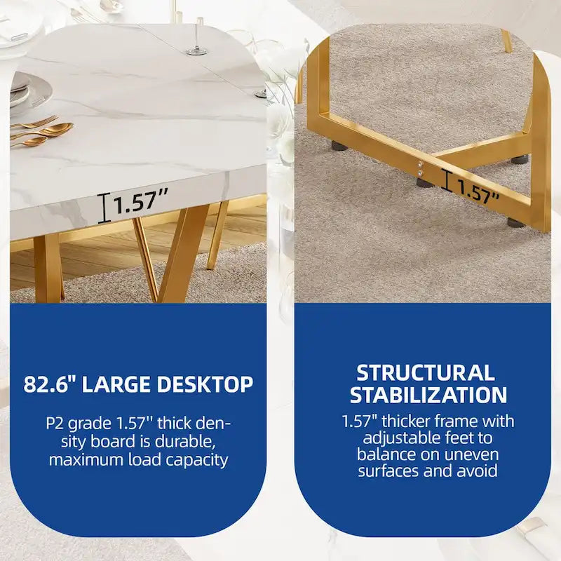 Large Faux Marble Dining Table with Geometric Metal Legs – White / Black, Seats 6–8