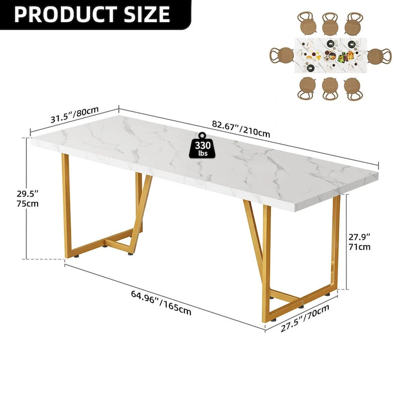 Large Faux Marble Dining Table with Geometric Metal Legs – White / Black, Seats 6–8