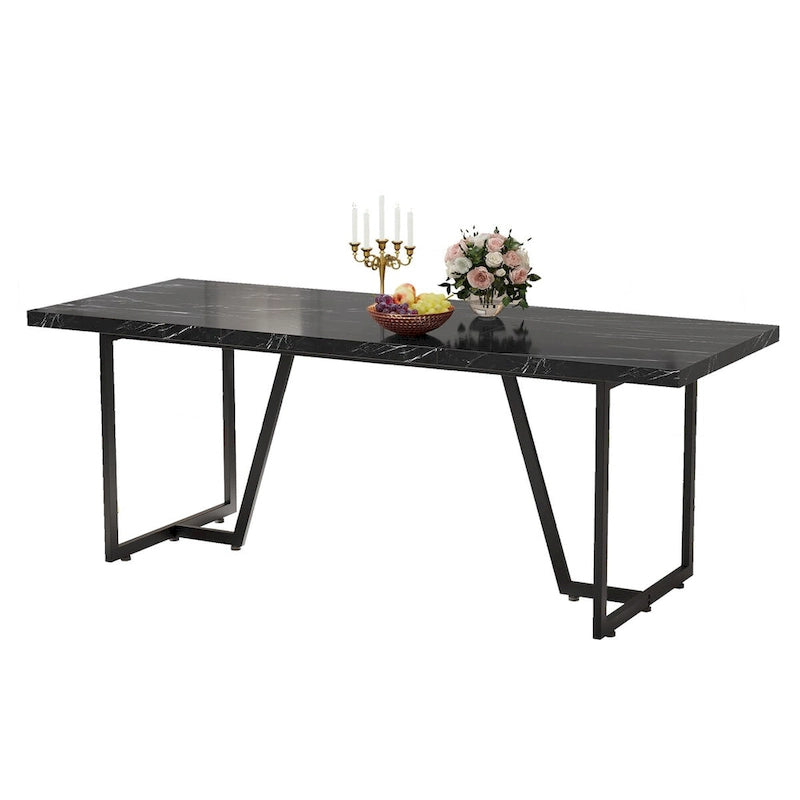 Large Faux Marble Dining Table with Geometric Metal Legs – White / Black, Seats 6–8