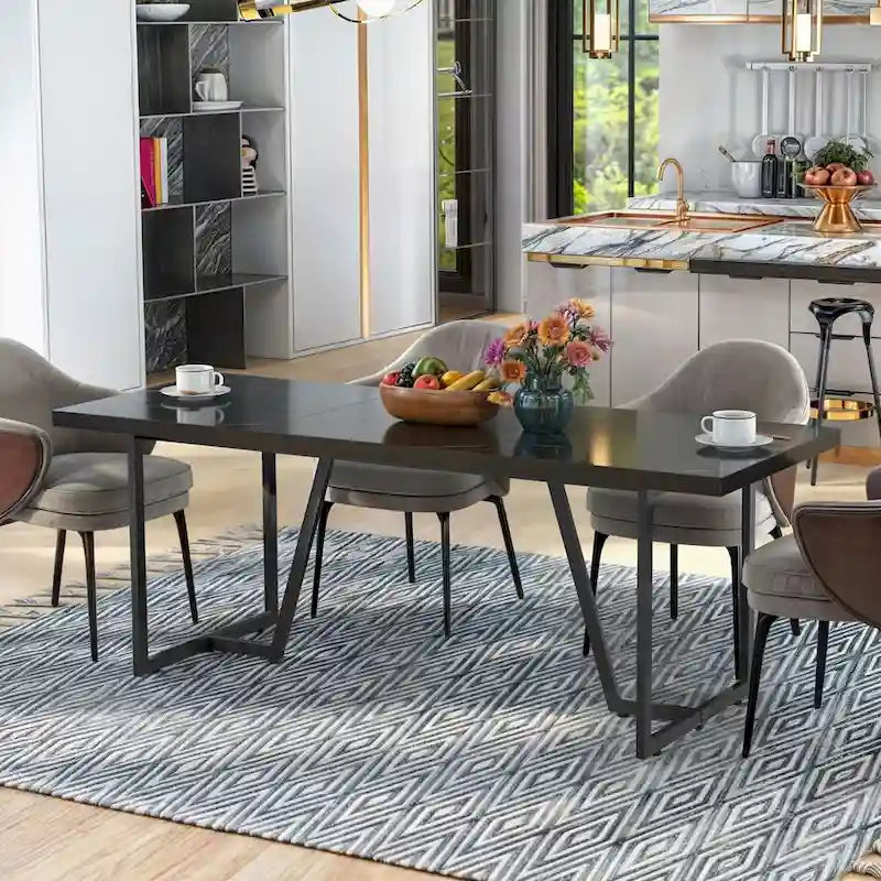 Large Faux Marble Dining Table with Geometric Metal Legs – White / Black, Seats 6–8