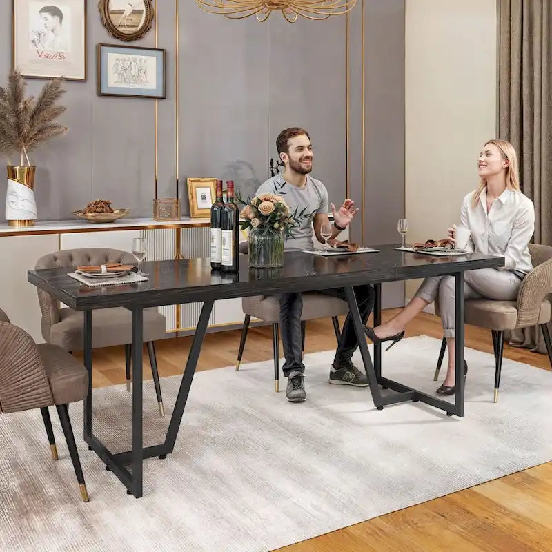 Large Faux Marble Dining Table with Geometric Metal Legs – White / Black, Seats 6–8