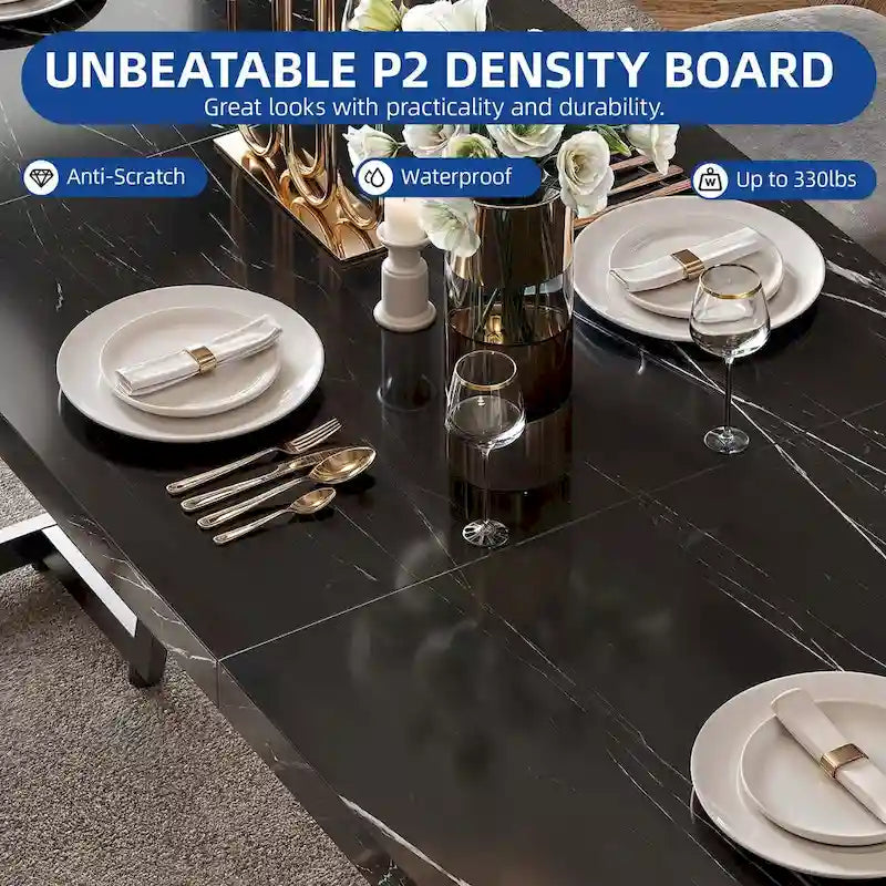 Large Faux Marble Dining Table with Geometric Metal Legs – White / Black, Seats 6–8