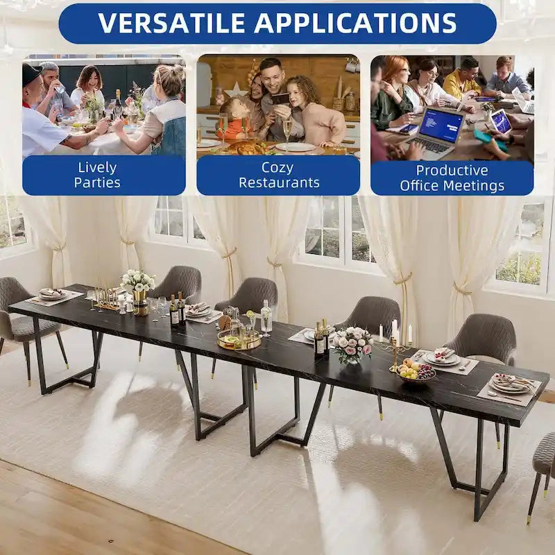 Large Faux Marble Dining Table with Geometric Metal Legs – White / Black, Seats 6–8