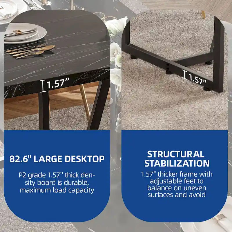 Large Faux Marble Dining Table with Geometric Metal Legs – White / Black, Seats 6–8