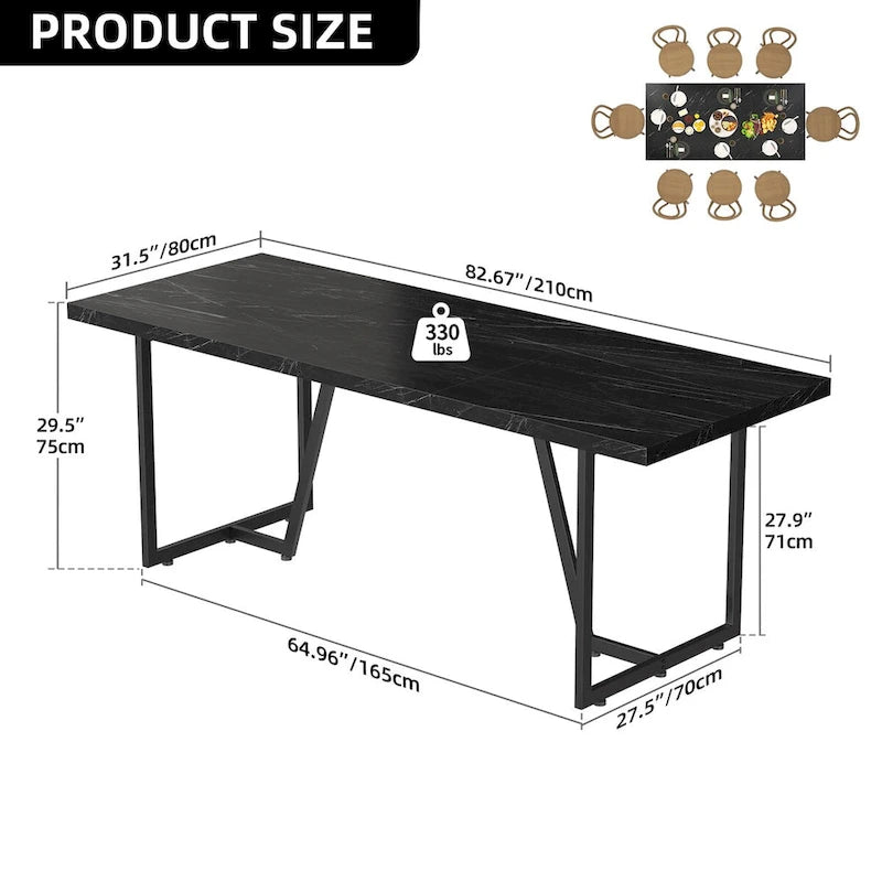 Large Faux Marble Dining Table with Geometric Metal Legs – White / Black, Seats 6–8