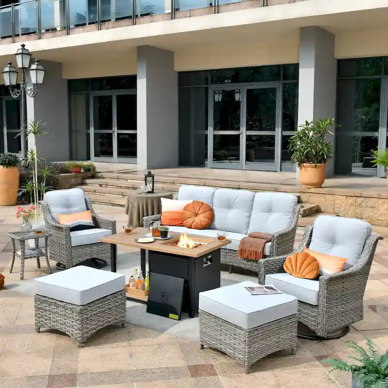 OVIOS 7 Pieces Outdoor Wicker Curved Swivel Chair Set With Fire Table