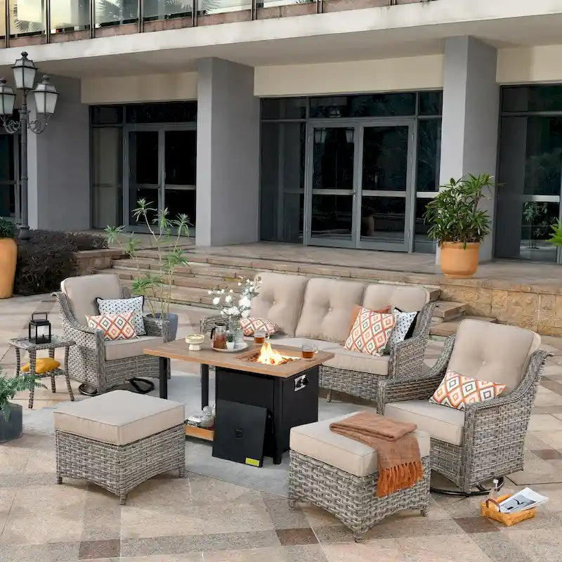OVIOS 7 Pieces Outdoor Wicker Curved Swivel Chair Set With Fire Table