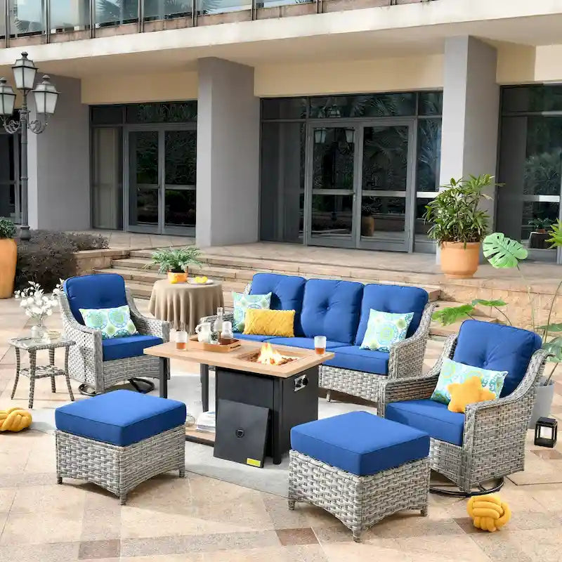 OVIOS 7 Pieces Outdoor Wicker Curved Swivel Chair Set With Fire Table