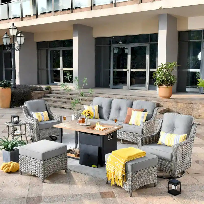OVIOS 7 Pieces Outdoor Wicker Curved Swivel Chair Set With Fire Table