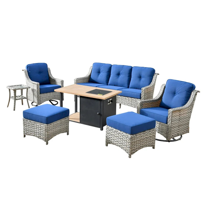 OVIOS 7 Pieces Outdoor Wicker Curved Swivel Chair Set With Fire Table