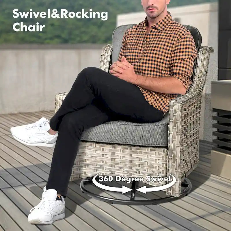 OVIOS 7 Pieces Outdoor Wicker Curved Swivel Chair Set With Fire Table