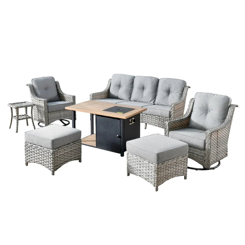 OVIOS 7 Pieces Outdoor Wicker Curved Swivel Chair Set With Fire Table