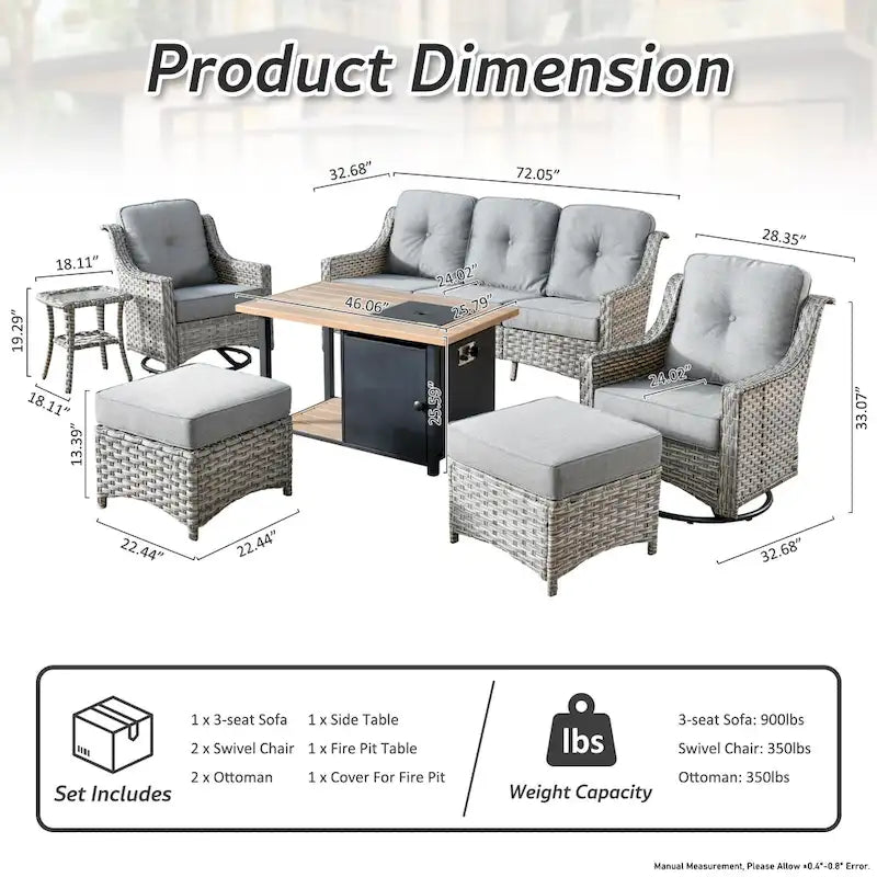 OVIOS 7 Pieces Outdoor Wicker Curved Swivel Chair Set With Fire Table