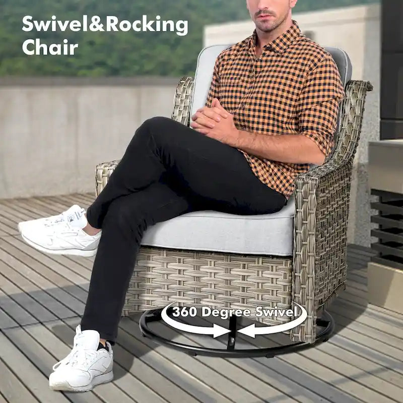 OVIOS 7 Pieces Outdoor Wicker Curved Swivel Chair Set With Fire Table