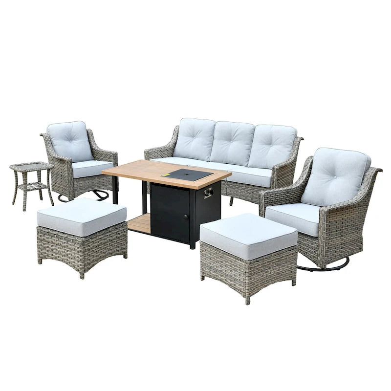 OVIOS 7 Pieces Outdoor Wicker Curved Swivel Chair Set With Fire Table
